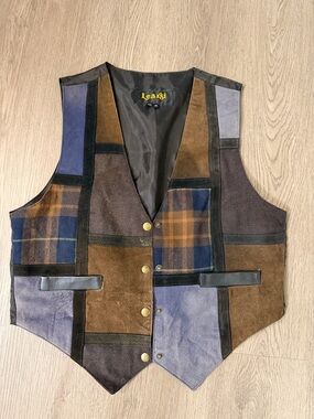 Learsi Patchwork Suede & Plaid Vest in Brown and Blue